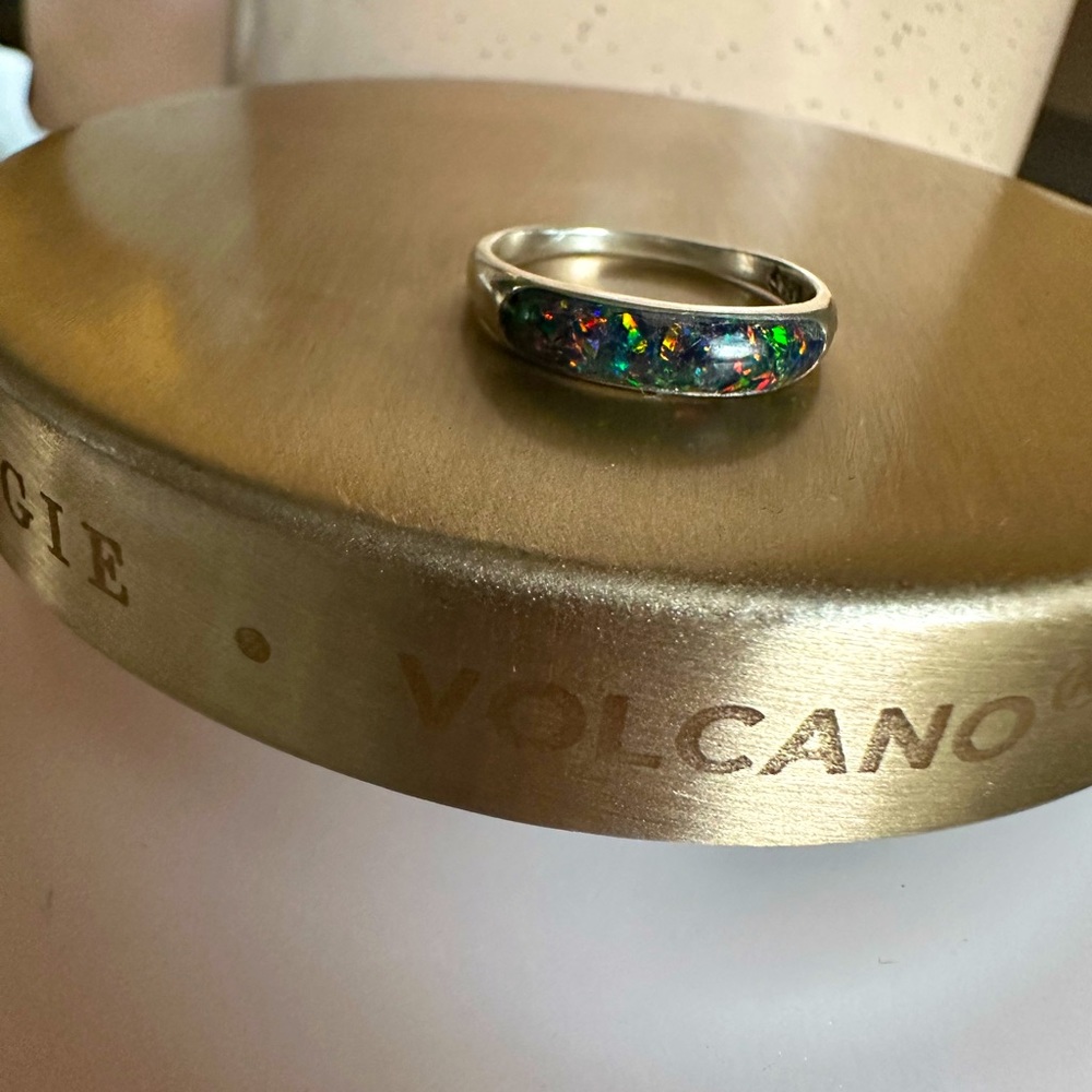 Black Opal band set in 925 Sterling Silver, great stacking ring, Sz 8.